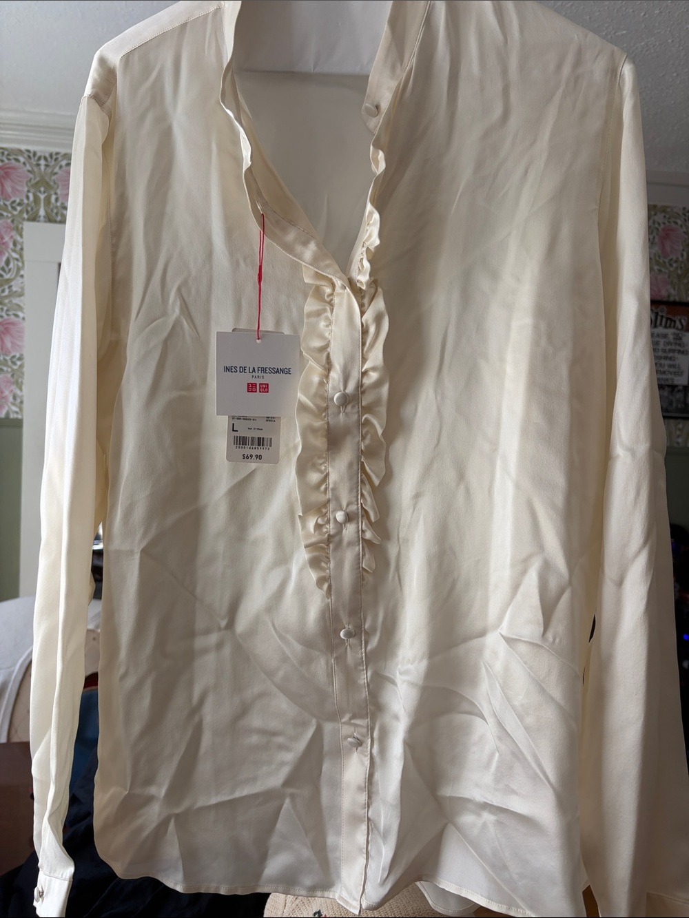 Ines de la Fressange Silk Cream Ruffle Front Blouse for UNIQLO